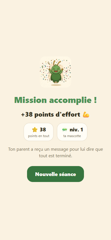 Écran de fin de séance : points d'effort, total et niveau de la mascotte