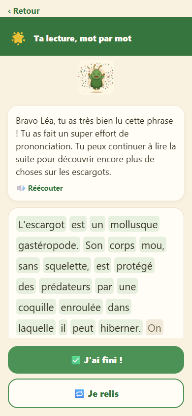 Correction de lecture : le texte coloré mot à mot en vert et rouge
